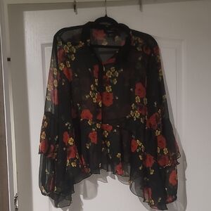 Forever 21 Red and Yellow Asymmetrical Ruffled Sheer Blouse Size 2X